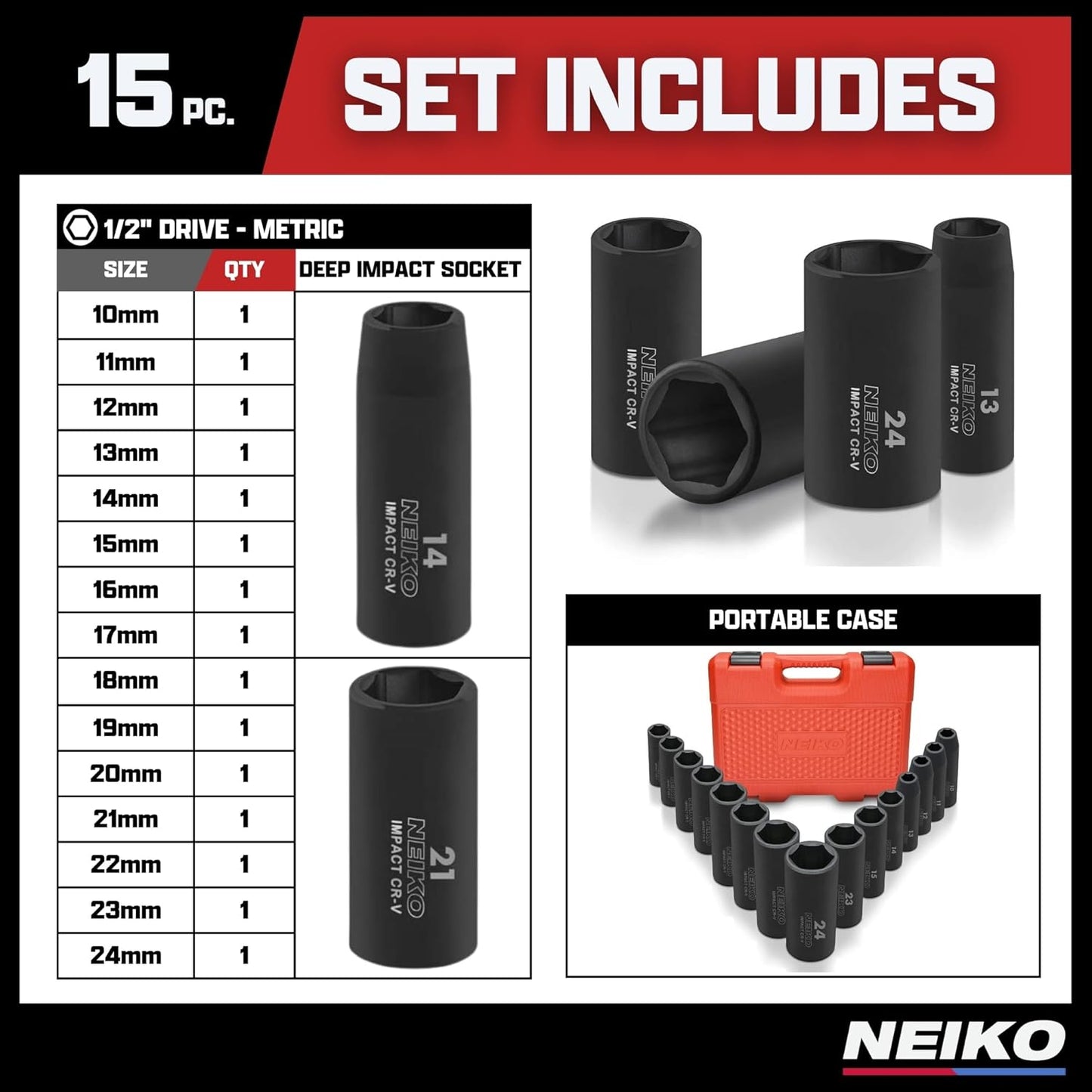 02474A 1/2" Impact Socket Set, 15 Piece Metric Socket Set 10-24 Mm, Deep Sockets, 6 Point, 1/2” Drive Sockets for 1/2" Impact Wrench, Chrome Vanadium Cr-V
