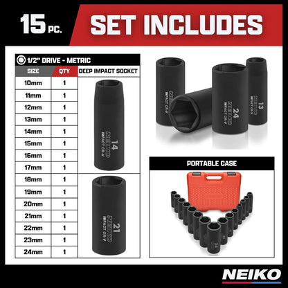 02474A 1/2" Impact Socket Set, 15 Piece Metric Socket Set 10-24 Mm, Deep Sockets, 6 Point, 1/2” Drive Sockets for 1/2" Impact Wrench, Chrome Vanadium Cr-V